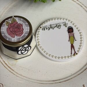 Mini White and Black Candle with Stylish Coaster